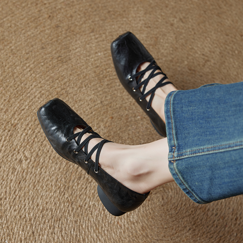 Women's Retro French Mary Jane Ballet Flats - Genuine Leather, Square Toe, Cross Strap, Mid-Heel, Vintage Style