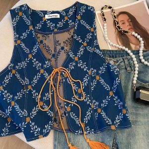 Women's Retro Jacquard Denim Vest - Ethnic Style Color-Blocked Outerwear with V-Neck and Tassel Tie-Back - Perfect for Travel