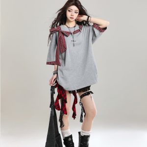 Women’s Retro Lace-Up Short Sleeve T-Shirt - Stylish Loose Casual Y2K Top for Summer 2025 Outfit