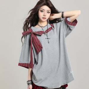 Women’s Retro Lace-Up Short Sleeve T-Shirt - Stylish Loose Casual Y2K Top for Summer 2025 Outfit