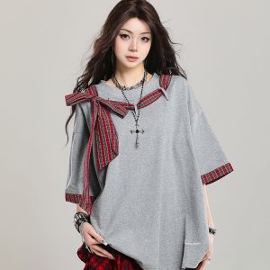 Women’s Retro Lace-Up Short Sleeve T-Shirt - Stylish Loose Casual Y2K Top for Summer 2025 Outfit