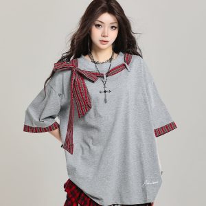 Women’s Retro Lace-Up Short Sleeve T-Shirt - Stylish Loose Casual Y2K Top for Summer 2025 Outfit