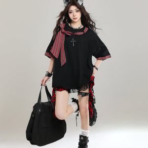 Women’s Retro Lace-Up Short Sleeve T-Shirt - Stylish Loose Casual Y2K Top for Summer 2025 Outfit