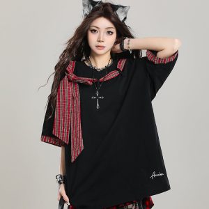 Women’s Retro Lace-Up Short Sleeve T-Shirt - Stylish Loose Casual Y2K Top for Summer 2025 Outfit