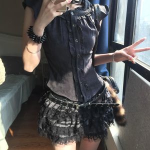 Women's Retro Ruffled Edge Spliced Gray Shirt, Slim Fit Flutter Sleeve Top for Summer, Vintage Subculture Style