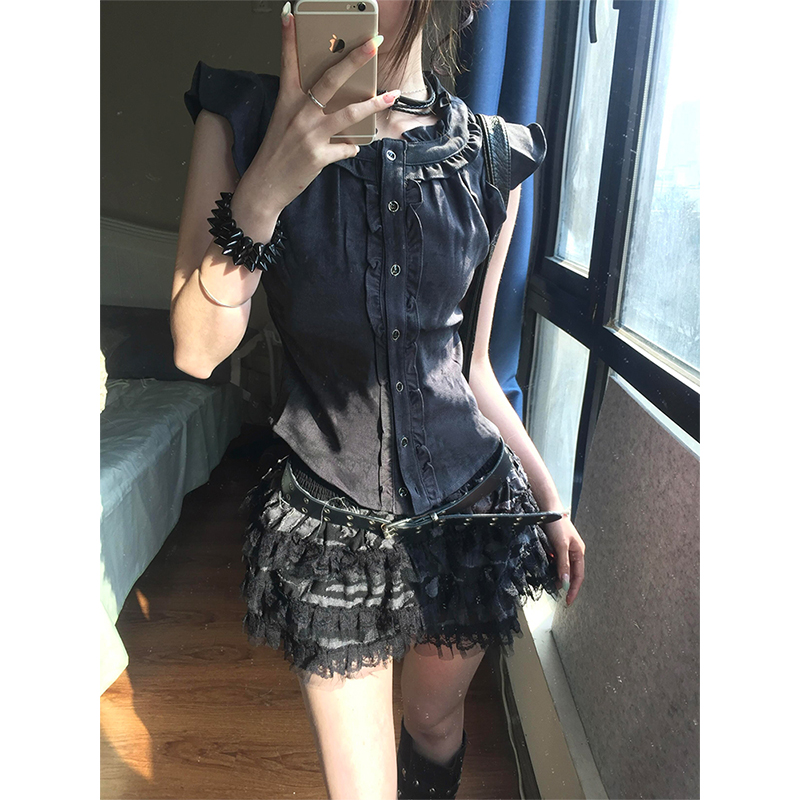 Women's Retro Ruffled Edge Spliced Gray Shirt, Slim Fit Flutter Sleeve Top for Summer, Vintage Subculture Style