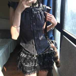 Women's Retro Ruffled Edge Spliced Gray Shirt, Slim Fit Flutter Sleeve Top for Summer, Vintage Subculture Style