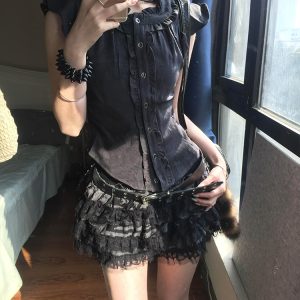 Women's Retro Ruffled Edge Spliced Gray Shirt, Slim Fit Flutter Sleeve Top for Summer, Vintage Subculture Style