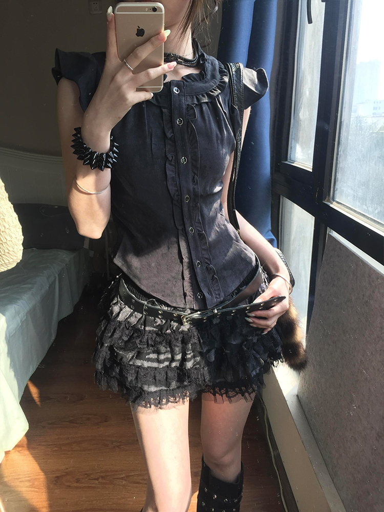 Women's Retro Ruffled Edge Spliced Gray Shirt, Slim Fit Flutter Sleeve Top for Summer, Vintage Subculture Style Women's Retro Ruffled Edge Spliced Gray Shirt, Slim Fit Flutter Sleeve Top for Summer, Vintage Subculture Style