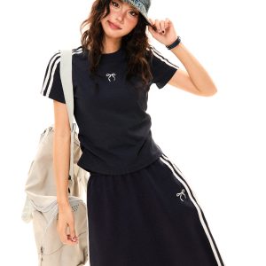 Women's Retro Sports Set with Three Stripes, Short Sleeve T-Shirt and High Waist Draped Mid-Length Skirt - Summer Style
