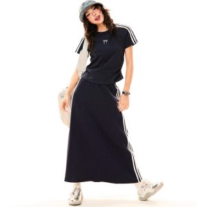 Women's Retro Sports Set with Three Stripes, Short Sleeve T-Shirt and High Waist Draped Mid-Length Skirt - Summer Style