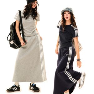 Women's Retro Sports Set with Three Stripes, Short Sleeve T-Shirt and High Waist Draped Mid-Length Skirt - Summer Style