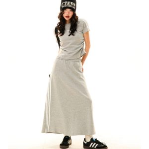 Women's Retro Sports Set with Three Stripes, Short Sleeve T-Shirt and High Waist Draped Mid-Length Skirt - Summer Style