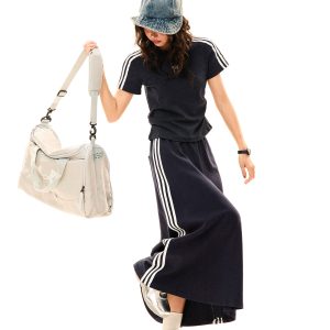 Women's Retro Sports Set with Three Stripes, Short Sleeve T-Shirt and High Waist Draped Mid-Length Skirt - Summer Style