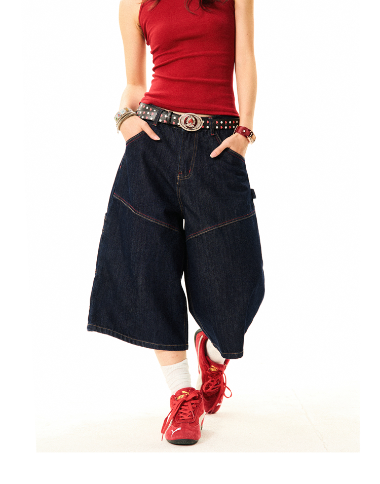 Women's Retro Wide-Leg Denim Shorts - Deconstructed American Style with Embroidered Bright Lines - Versatile Loose Fit Women's Retro Wide-Leg Denim Shorts - Deconstructed American Style with Embroidered Bright Lines - Versatile Loose Fit