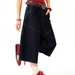 Women's Retro Wide-Leg Denim Shorts - Deconstructed American Style with Embroidered Bright Lines - Versatile Loose Fit