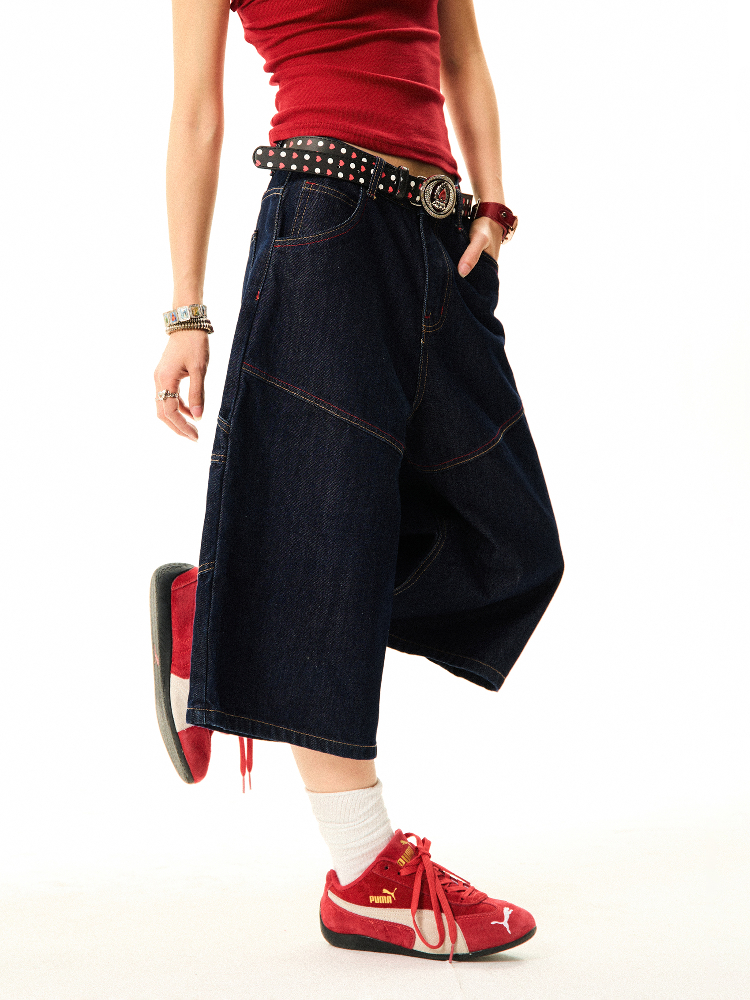 Women's Retro Wide-Leg Denim Shorts - Deconstructed American Style with Embroidered Bright Lines - Versatile Loose Fit Women's Retro Wide-Leg Denim Shorts - Deconstructed American Style with Embroidered Bright Lines - Versatile Loose Fit