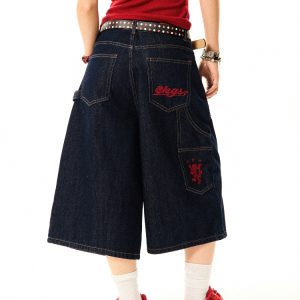 Women's Retro Wide-Leg Denim Shorts - Deconstructed American Style with Embroidered Bright Lines - Versatile Loose Fit