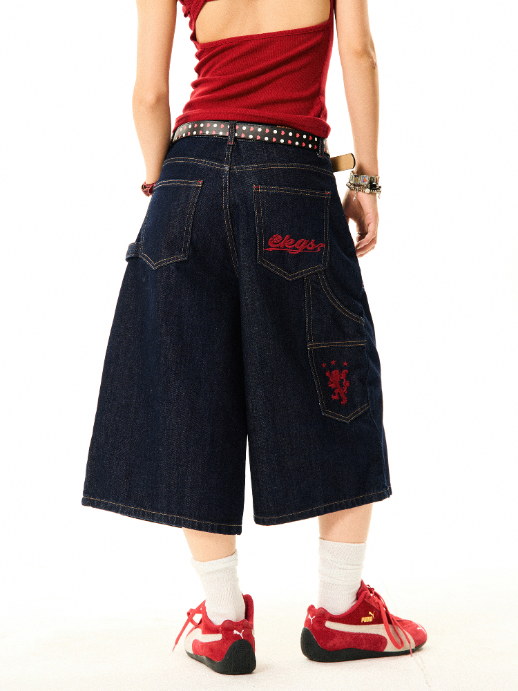 Women's Retro Wide-Leg Denim Shorts - Deconstructed American Style with Embroidered Bright Lines - Versatile Loose Fit Women's Retro Wide-Leg Denim Shorts - Deconstructed American Style with Embroidered Bright Lines - Versatile Loose Fit