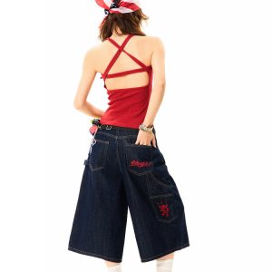 Women's Retro Wide-Leg Denim Shorts - Deconstructed American Style with Embroidered Bright Lines - Versatile Loose Fit