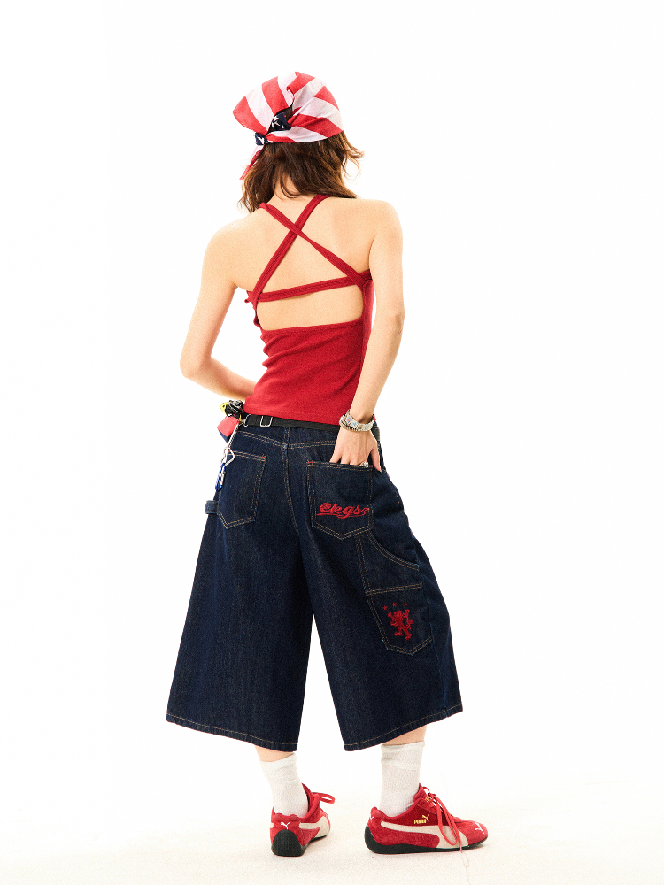 Women's Retro Wide-Leg Denim Shorts - Deconstructed American Style with Embroidered Bright Lines - Versatile Loose Fit Women's Retro Wide-Leg Denim Shorts - Deconstructed American Style with Embroidered Bright Lines - Versatile Loose Fit