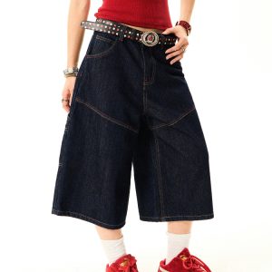 Women's Retro Wide-Leg Denim Shorts - Deconstructed American Style with Embroidered Bright Lines - Versatile Loose Fit