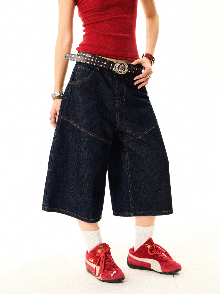 Women's Retro Wide-Leg Denim Shorts - Deconstructed American Style with Embroidered Bright Lines - Versatile Loose Fit Women's Retro Wide-Leg Denim Shorts - Deconstructed American Style with Embroidered Bright Lines - Versatile Loose Fit