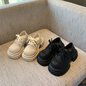 Women's Retro Woven Hollow Loafers - 2025 Summer Slip-On Thick-Soled Leather Shoes, Breathable Comfort, Stylish Casual Footwear