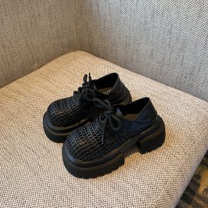 Women's Retro Woven Hollow Loafers - 2025 Summer Slip-On Thick-Soled Leather Shoes, Breathable Comfort, Stylish Casual Footwear