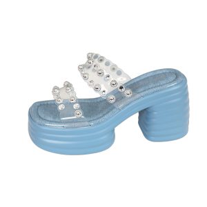 Women's Rhinestone-Embellished Platform Slippers, Thick-Soled Chunky Heels, Waterproof Summer Style 2025, Outdoor Wear