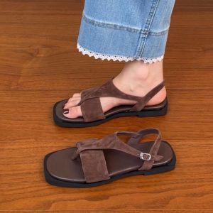 Women's Sanded Sheepskin Thong Flat Square-Toe Sandals - Versatile Open-Toe Roman Style for Summer 2025