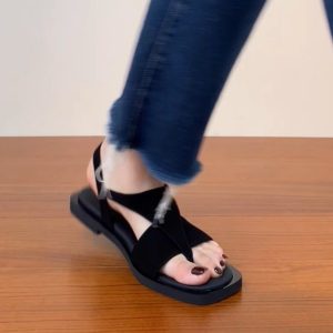 Women's Sanded Sheepskin Thong Flat Square-Toe Sandals - Versatile Open-Toe Roman Style for Summer 2025