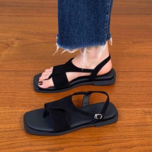 Women's Sanded Sheepskin Thong Flat Square-Toe Sandals - Versatile Open-Toe Roman Style for Summer 2025