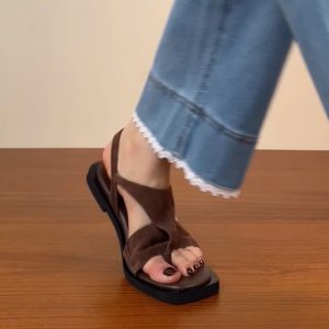 Women's Sanded Sheepskin Thong Flat Square-Toe Sandals - Versatile Open-Toe Roman Style for Summer 2025