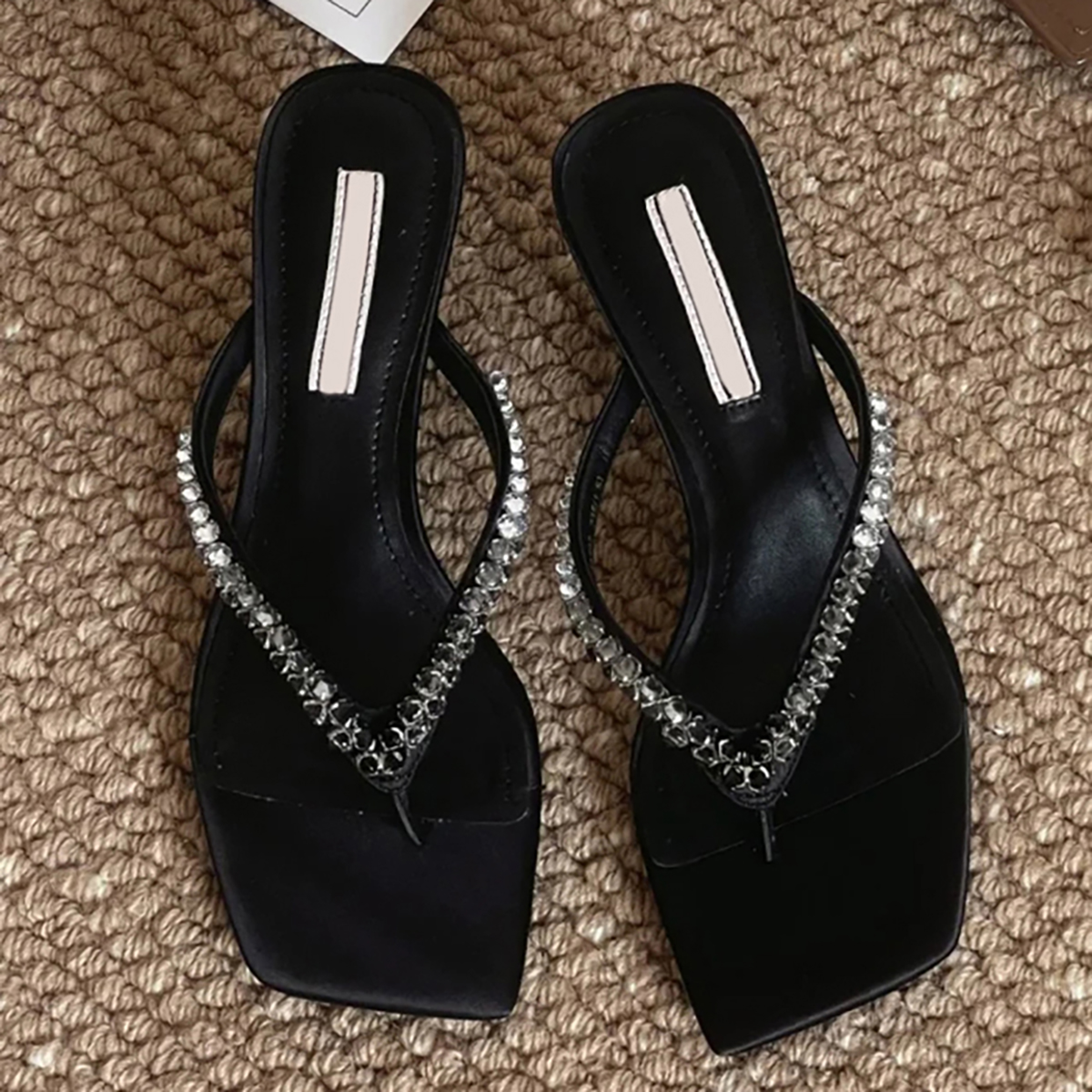 Women's Sheepskin Flip-Flops with Rhinestones, Square-Toed High-Heeled Sandals, Casual Vacation Style, French Elegance