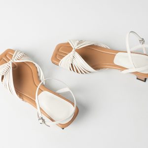 Women's Sheepskin French Woven Hollow Vacation Sandals, Low Heel One-Strap Square Toe Elegant High Heels