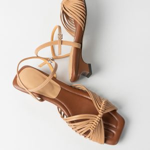 Women's Sheepskin French Woven Hollow Vacation Sandals, Low Heel One-Strap Square Toe Elegant High Heels