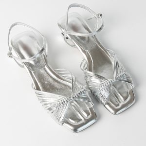 Women's Sheepskin French Woven Hollow Vacation Sandals, Low Heel One-Strap Square Toe Elegant High Heels