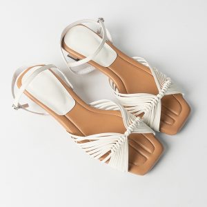 Women's Sheepskin French Woven Hollow Vacation Sandals, Low Heel One-Strap Square Toe Elegant High Heels