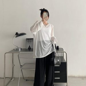 Women's Sheer Long Sleeve Sun Protection T-Shirt - Loose Fit Transparent Cover-Up with Grapefruit Print for Airy Comfort