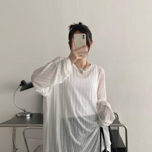 Women's Sheer Long Sleeve Sun Protection T-Shirt - Loose Fit Transparent Cover-Up with Grapefruit Print for Airy Comfort