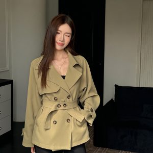 Women's Short Black Windbreaker Coat with Waist Tie, Casual Cardigan Style, Lapel Collar, Long Sleeves for Spring and Autumn