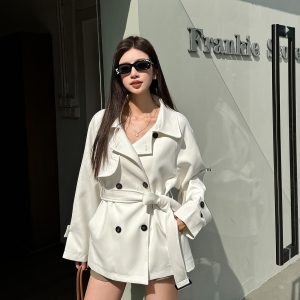 Women's Short Black Windbreaker Coat with Waist Tie, Casual Cardigan Style, Lapel Collar, Long Sleeves for Spring and Autumn