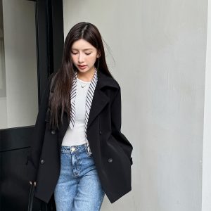 Women's Short Black Windbreaker Coat with Waist Tie, Casual Cardigan Style, Lapel Collar, Long Sleeves for Spring and Autumn