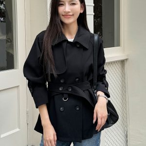 Women's Short Black Windbreaker Coat with Waist Tie, Casual Cardigan Style, Lapel Collar, Long Sleeves for Spring and Autumn