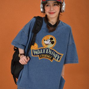 Women's Short Sleeve Denim T-Shirt with Cartoon Embroidery - Loose Fit, Round Neck, Summer Style, Vintage-Inspired