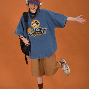 Women's Short Sleeve Denim T-Shirt with Cartoon Embroidery - Loose Fit, Round Neck, Summer Style, Vintage-Inspired