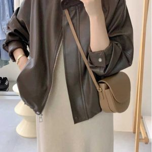 Women's Short White Leather Motorcycle Jacket - Trendy 2024 Spring Autumn Style for Petite Figures