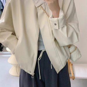 Women's Short White Leather Motorcycle Jacket - Trendy 2024 Spring Autumn Style for Petite Figures