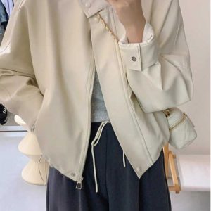 Women's Short White Leather Motorcycle Jacket - Trendy 2024 Spring Autumn Style for Petite Figures